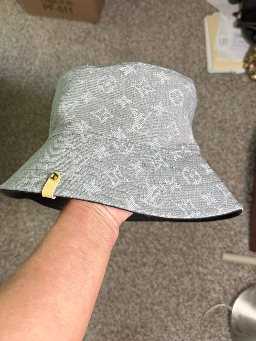 Louis Vuitton Light Grey Monogram Bucket Hat with Gold Accent